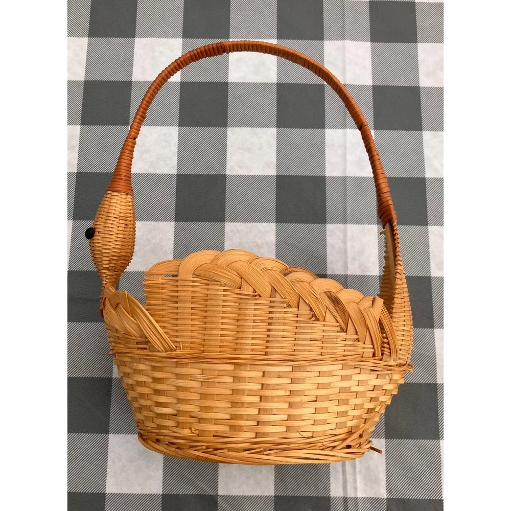 Swan Wicker Basket OS Tan Woven Rattan Decorative Animal Handle